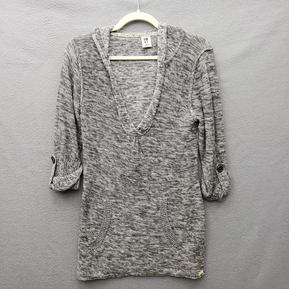 ROXY Hooded V-neck Knit Sweater Gray Heathered Slouchy Y2K Surfer Casual Size L
